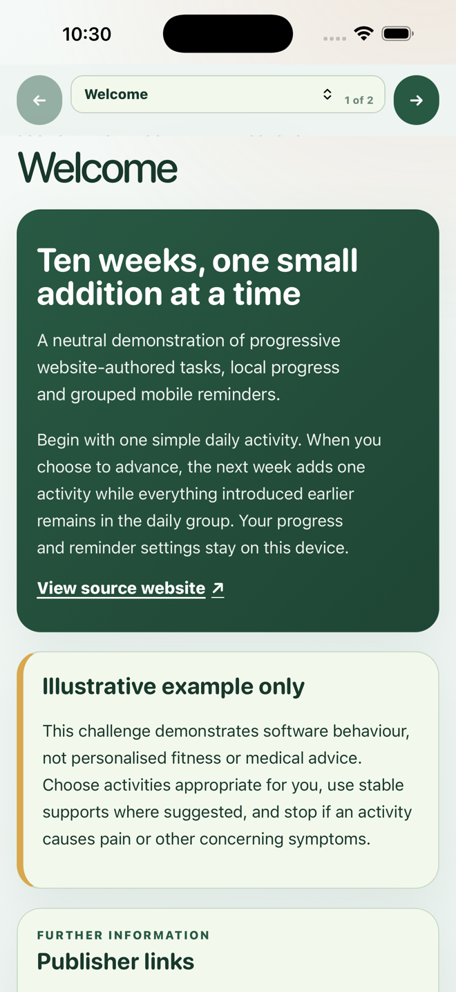 Website Companion showing the welcome screen for the ten-week challenge
